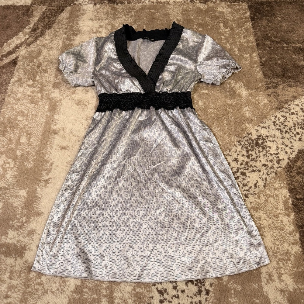 Vtg Y2K Guess‎ Jeans Silver Metallic Mini Dress Small Petite Deep V Babydoll